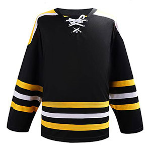 Camiseta de Hockey sobre Hielo Personalizada para Hombre, Negra, Amarilla y Blanca a Rayas, Manga Larga, Sublimada, Absorbente de Humedad, Corte Regular, Talla Adulto - Product Image 1