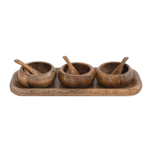 Plateau de service artisanal en bois d'acacia avec 3 bols à trempette – Design moderne et écologique – Ensemble de condiments pour apéritifs et fêtes à domicile - Product Image 6
