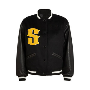 Veste universitaire noire 2026 de qualité supérieure avec logo S jaune, manches en similicuir, col rabattu, manches longues, longueur standard, pour l'automne - Product Image 1