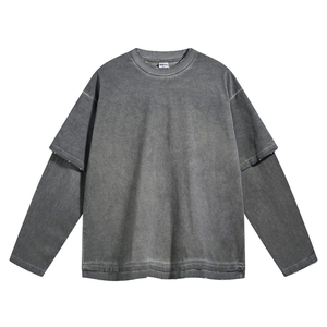 T-shirt décontracté à manches longues superposé, effet délavé, en jersey épais, tissu en coton texturé, maquette - Product Image 1