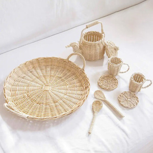 Handcrafted rattan kids pretend play toys natural miniature tea pot <b>set</b> children roleplay teaware - Product Image 1