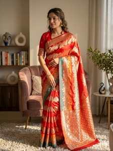 <b>Red</b> Banarasi Silk Saree For Women Luxury Zari Weaving Designer Wedding Party Wear Traditional Indian Ethnic Saree With <b>Blouse</b> - Product Image 4