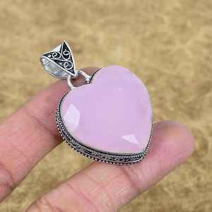 Pendentif en calcédoine rose naturelle facettée, fait main, en argent sterling 925, forme cœur, pierre précieuse, bijoux vintage - Product Image 6