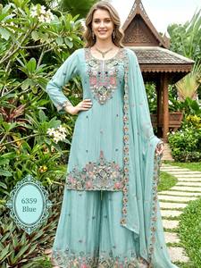 Salwar Kameez en soie bleu clair brodé pour femmes, tenue de mariage traditionnelle, coupe ample, longueur au sol, vêtements indiens pakistanais - Product Image 2