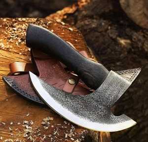 Handmade Custom High Carbon Steel Viking Pizza Hatchet 3 1/2 Cutting Edge Fine Leather Sheath Forged Pizza Cutter Wooden <b>Handle</b> - Product Image 2