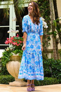 Attrayant bohème rayonne imprimé Maxi robe manches longues col en V vacances décontracté Midi longueur robe pour les femmes - Product Image 2