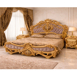Majestic <b>Gold</b> Finish Wooden Bed with <b>Side</b> <b>Tables</b> Luxury Classic Queen Bed Frame High-Quality Comfortable Bedroom Furniture USA - Product Image 2