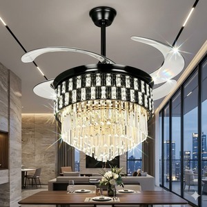 Luxury Black <b>Crystal</b> Chandelier <b>LED</b> <b>Light</b> Fixture with Remote Control for Modern Home Interiors Invisible Blade <b>Ceiling</b> Fan - Product Image 2