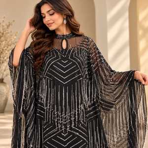 Colección de Vestidos Kaftan para Mujer, Vestido de Noche Negro con Lentejuelas Plateadas, Kaftan Maxi Estampado Abstracto en Color Crema Marfil, Corte Holgado - Product Image 5