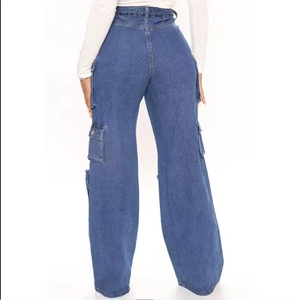 Jeans Cargo de Cintura Alta para Mujer Talla Grande, Corte Holgado, Largos, de Mezclilla Lavada, con Múltiples Bolsillos, Estilo Casual - Product Image 2