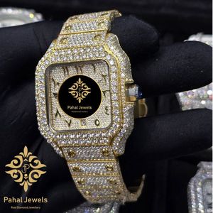 นาฬิกาข้อมือ Pahal Jewels รุ่นหรูหรา ดีไซน์สี่เหลี่ยมประดับเพชร สีทองเหลือง ระบบจักรกล แสดงวันที่  แฟชั่นฮิปฮอป สำหรับทั้งชายและหญิง ขนาด 40 มม. - Product Image 2
