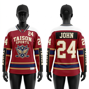 Maillot de hockey sur glace pour femmes de qualité supérieure, en maille polyester GSM, bordeaux et bleu marine, avec empiècements aux épaules, logo brodé personnalisé. - Product Image 5