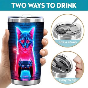 Stainless Steel Tumbler 20oz Vacuum <b>Insulated</b> Portable Leakproof Travel <b>Mug</b> With Neon Cat Gaming Design - Product Image 5