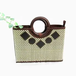 Rectangular Seagrass Bag, hand bag with wooden handles, daily fashion shopping bags for lady