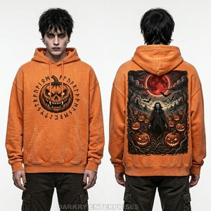 Sudadera con Capucha para Hombre con Temática de Halloween, Sudadera con Estampado Personalizado, Estilo Lavado Ácido Naranja, Ropa Urbana, Sudadera Extra Grande de Felpa de Algodón - Product Image 1