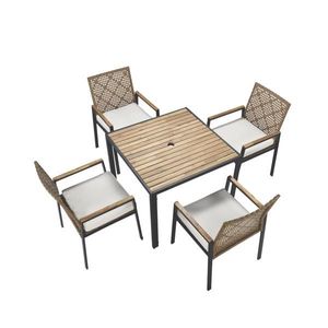Set da Pranzo da Esterno in Legno di Acacia e Rattan a 5 Pezzi per Tutte le Stagioni, con Tavolo, Sedute Comode e Foro per Ombrellone - Product Image 5