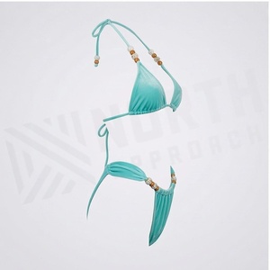 Ensemble de bikini turquoise pour femme NORTH APPROACH, haut halter, bas string, orné de perles, maillot de bain extensible - Product Image 3