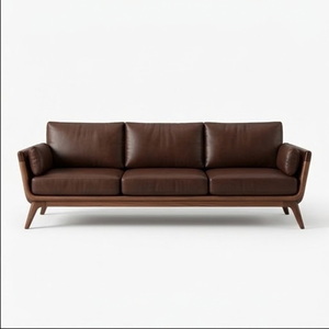 Solid Wood Mid Century <b>Sofa</b> with Brown Leather Cushions Modern Living Room Furniture for Home Hotel Apartment Project - Product Image 3