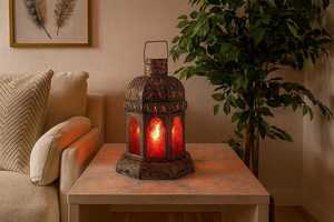 Handmade Moroccan Brass Lantern Boho <b>Candle</b> Holder with <b>Red</b> Glass Panels Ramadan Decor Islamic Festival Light Moroccan Art - Product Image 2