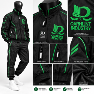 Veste coupe-vent noire et verte pour homme OARHLINT INDUSTRY, fermeture éclair, style décontracté, col montant, logo brodé, idéale pour l'automne - Product Image 6