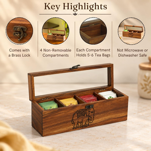 Hand Carved Sheesham <b>Wood</b> <b>Tea</b> <b>Box</b> with Elephant Warrior Design 4 Compartment <b>Tea</b> Storage Organizer Wooden Green <b>Tea</b> <b>Box</b> Multi - Product Image 6