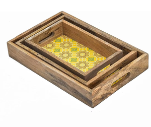 Rehman Craft <b>Coffee</b> <b>Table</b> Decorative MDF Wooden Tray Set Yellow Mandala Printed Base Natural Wood Grain Frame Wedding - Product Image 2