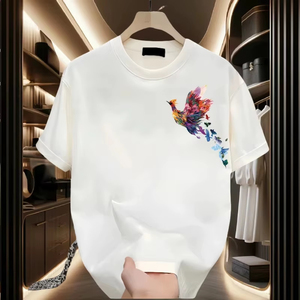 Nueva camiseta de algodón de moda de verano para mujer, ropa de manga corta para parejas, diseño floral bordado de pájaros, primavera-verano, corte regular - Product Image 2
