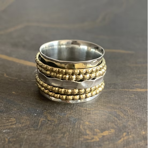 Artisan Crafted Two Tone Spinning <b>Ring</b> Hammered Sterling <b>Silver</b> Beaded Wide Band Boho Meditation Gift - Product Image 4