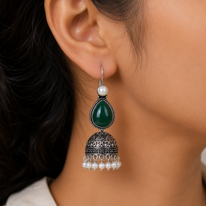 Pendientes Jhumka de Plata Oxidada con Perlas de Piedra Verde Pera, Hechos a Mano, Estilo Étnico Indio, para Mujer, Venta al Por Mayor Directo de Fábrica - Product Image 4