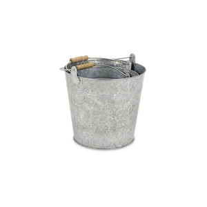 Set Of 3 <b>Galvanized</b> Metal Pail <b>Buckets</b> With Natural Wood Grip Handles For Farmhouse Decor And Gardening Use In Reasonable Price - Product Image 1