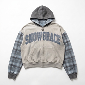 Sweat-shirt à capuche zippé Snowgrace, manches à carreaux, polaire, unisexe, veste d'hiver décontractée, logo brodé sur le devant, coupe classique - Product Image 1