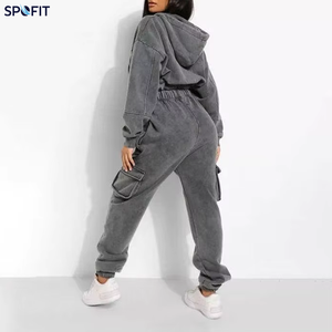 Ensemble de survêtement délavé à l'acide pour femme, deux pièces : sweat à capuche court et pantalon cargo, style streetwear décontracté - Product Image 3