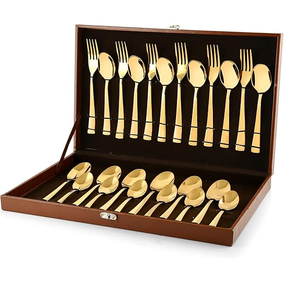 Awesome Brass Dessert Spoon Salad Server Flatware Cutlery <b>Sets</b> Brass Stem Handle Shape Spoon With <b>Black</b> Box - Product Image 3