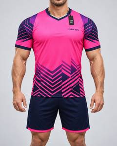 Maillot de football pour homme rose marine col en V manches courtes imprimé géométrique sublimé en polyester anti-humidité athlétique - Product Image 1