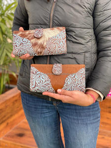 Nueva Venta caliente pelo hecho a mano en piel tallado cuero embrague mujeres diseñador occidental turquesa en relieve elegante funda de teléfono carteras - Product Image 3