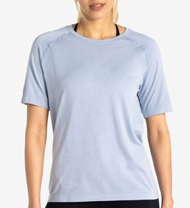 Camiseta de Yoga de Manga Corta con Cuello Redondo Azul Claro para Mujer, Transpirable, de Secado Rápido, de Poliéster, para Fitness, Corte Regular, Color Sólido, MOQ Bajo - Product Image 1