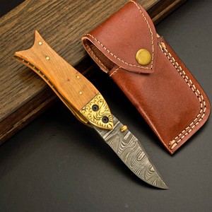 Cuchillo de Bolsillo Plegable Personalizado Hecho a Mano, Diseño ODM/OEM, Acero de Damasco, Hoja Plana, 7.5 Pulgadas, con Funda de Madera, Latón y Cuero - Product Image 6