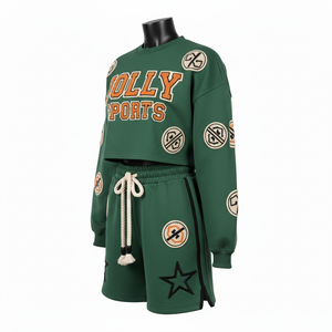 Heavyweight cotton polyester fleece women crop top short <b>set</b> panel shorts chenille embroidery logo 100% Cotton Crop Top & Shorts - Product Image 4