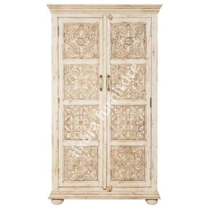 Luxury Handcrafted Solid Wood 2 Door <b>Wardrobe</b> Ornate Mandala Carving Distressed Cream White Armoire - Product Image 5