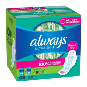 Meilleures ventes : Serviettes hygiéniques Always Ultra fines avec ailettes, Taille 1, régulières, non parfumées, 46 unités ; Serviettes hygiéniques fines de nuit avec ailettes, Taille 4 - Product Image 3