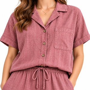 Wholesale <b>Womens</b> Soft Dusty Rose Front Wide Leg Pajama <b>Set</b> Short Sleeve Button Shirt Pants OEM ODM Custom Loungewear - Product Image 3