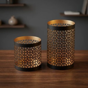 Cylinder Metal Lantern Candle Holder with Gold Interior and <b>Circular</b> Cutouts for Home Decoration - Product Image 4