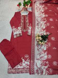 Conjunto de Salwar Kameez de Seda Roja Granate de Lujo con Bordado de Hilo Blanco, Kurta Recta y Pantalones Palazzo, Ropa Festiva India y Pakistaní - Product Image 1