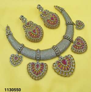 Luxurious Pink Stone Rani Haar <b>Necklace</b> Sets Heavy American Diamond Bridal Jewelry with Matching <b>Statement</b> Earrings for Wedding - Product Image 3