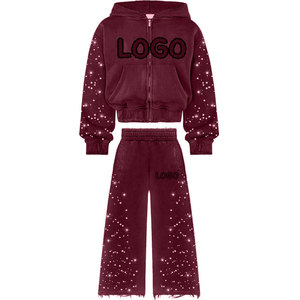 Custom Logo Women Rhinestone Tracksuit Set <b>Zip</b> <b>Up</b> <b>Cropped</b> Hoodie Wide Leg Sweatpants Set Embellished Heavyweight 2 Piece Set - Product Image 6