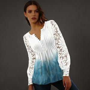 Hot sale on Temu chic <b>white</b> blue gradient print blouse with hollow lace <b>long</b> <b>sleeves</b> v neck buttoned top - Product Image 6
