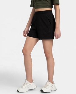 Women's Mid Waist Black Cotton <b>Shorts</b> with Pockets Casual Knitted Breathable Elastic Waist Regular Fit Solid Color Fur Flowers - Product Image 3