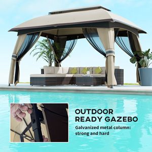 10x13ft Beige Covered Gazebo with Netting Side Walls & 2 Vented <b>Roofs</b> Patio <b>Canopy</b> & Pergola Shelter - Product Image 6