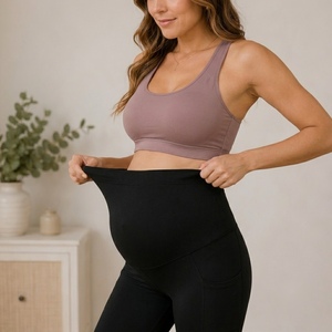 Conjunto de leggings de maternidad con bolsillos laterales y top tipo sujetador, negro, largo completo, ajustado, transpirable, para primavera - Product Image 2