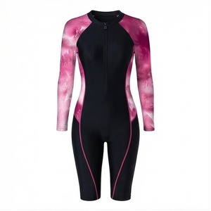 Traje de Baño de Una Pieza para Mujer con Mangas Largas Tie-Dye Rosa, Cuello Redondo, Cierre Frontal, Ribete en Contraste, Secado Rápido, Spandex y Nailon - Product Image 1